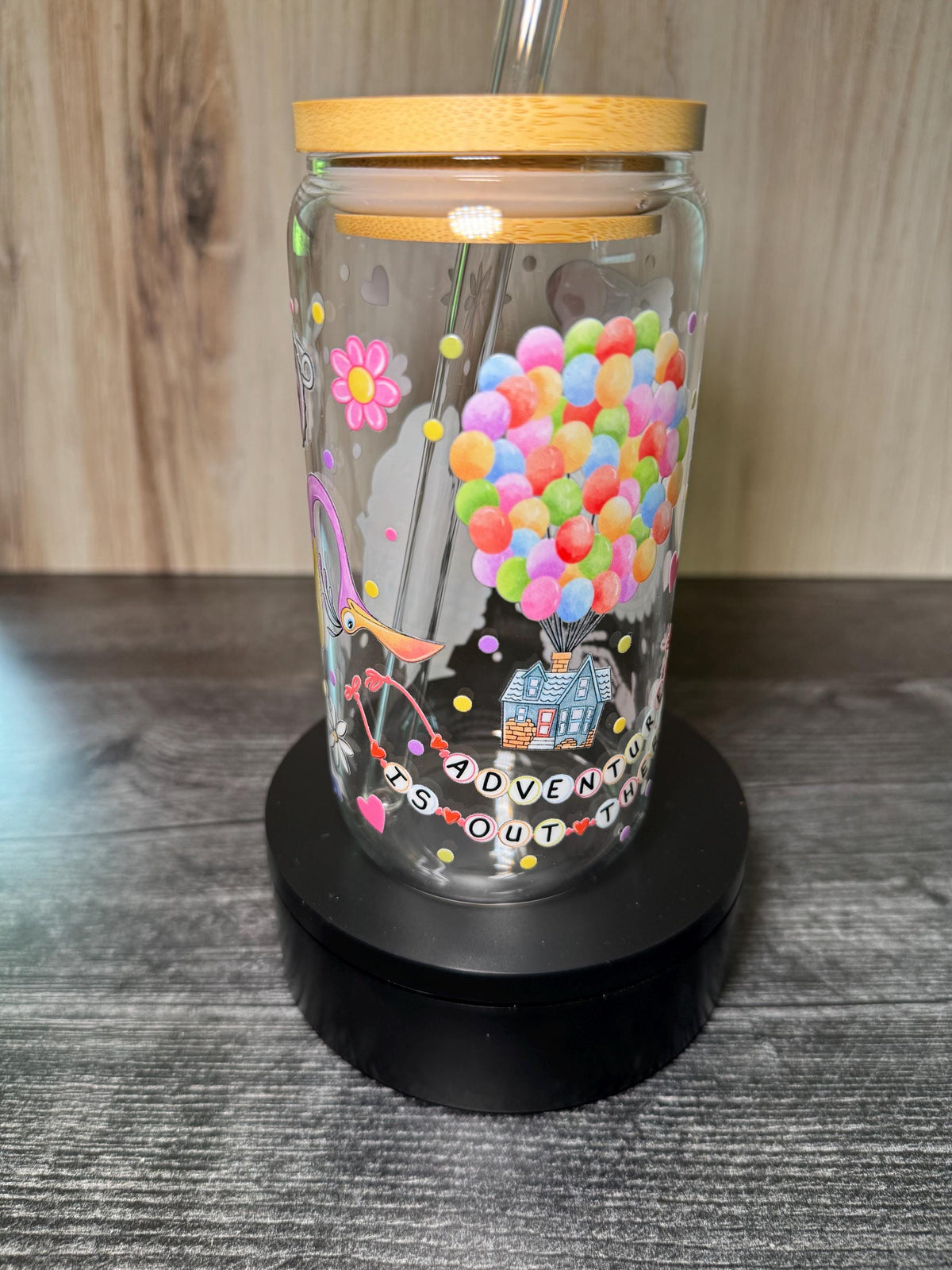 Adventure Awaits 16 oz Glass Tumbler | Balloon House Inspired Cup | Travel Lover Gift | Whimsical Iced Coffee Glass with Bamboo Lid & Straw