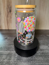 Load image into Gallery viewer, Adventure Awaits 16 oz Glass Tumbler | Balloon House Inspired Cup | Travel Lover Gift | Whimsical Iced Coffee Glass with Bamboo Lid & Straw