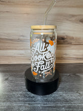 Load image into Gallery viewer, All Booked for Fall Glass Can Tumbler | Book Lover Coffee Cup with Bamboo Lid & Glass Straw