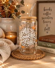 Load image into Gallery viewer, All Booked for Fall Glass Can Tumbler | Book Lover Coffee Cup with Bamboo Lid & Glass Straw