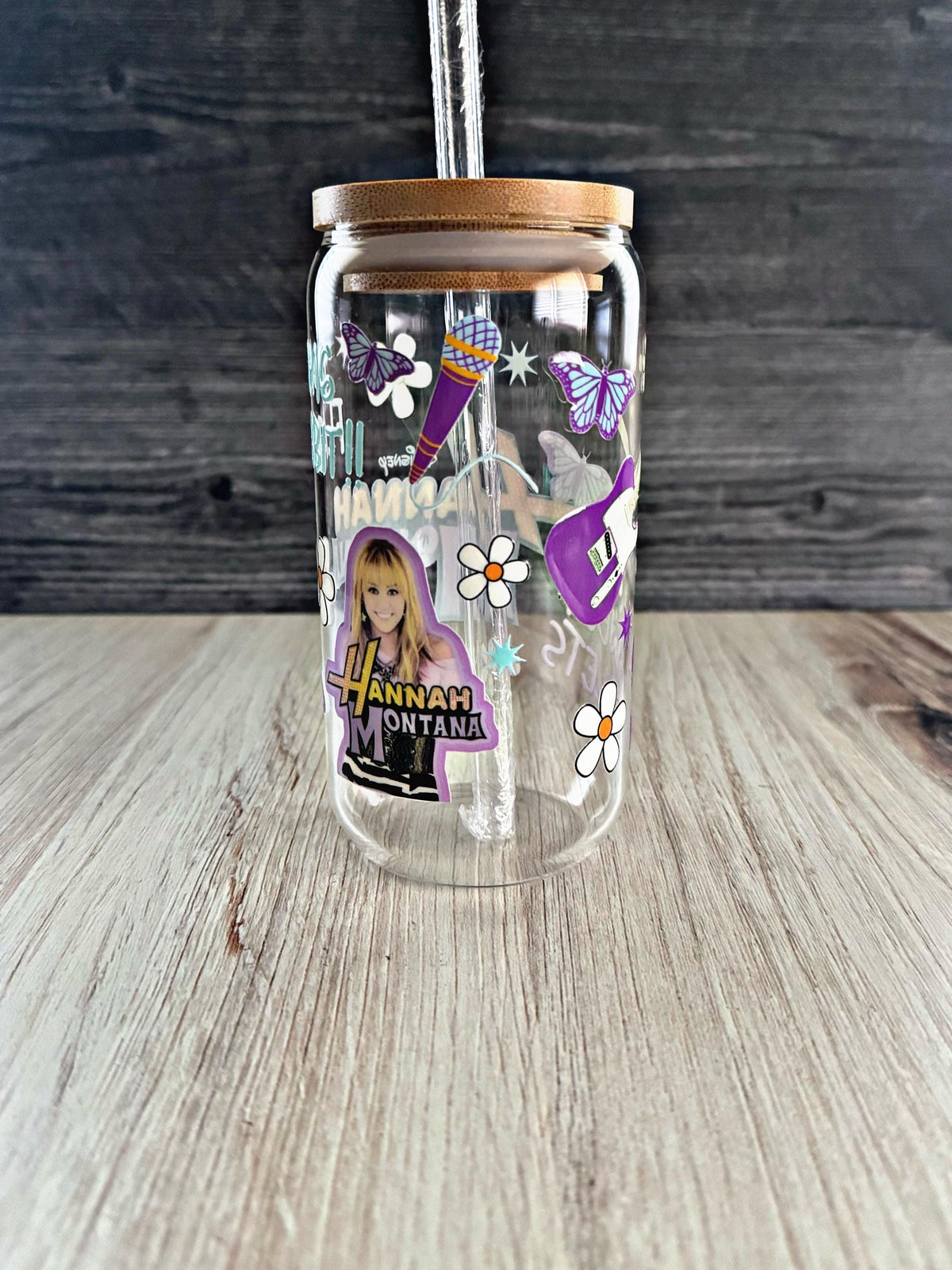 Hannah Montana Glass Tumbler – 16 oz Iced Coffee Cup with Bamboo Lid & Straw | 2000s Disney Nostalgia Drinkware | Retro Gift for Her