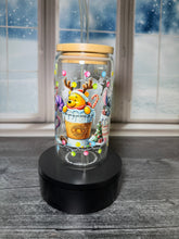 Load image into Gallery viewer, Holiday Character Glass Tumbler – 16 oz Christmas Cup with Bamboo Lid | Grinch, Stitch, Cheshire Cat , Winnie the Pooh | Festive Drink