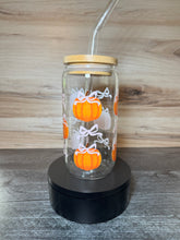 Load image into Gallery viewer, Pink Bow Pumpkin Glass Can Tumbler | 16oz Fall Coffee Cup with Bamboo Lid & Glass Straw