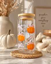 Load image into Gallery viewer, Pink Bow Pumpkin Glass Can Tumbler | 16oz Fall Coffee Cup with Bamboo Lid & Glass Straw
