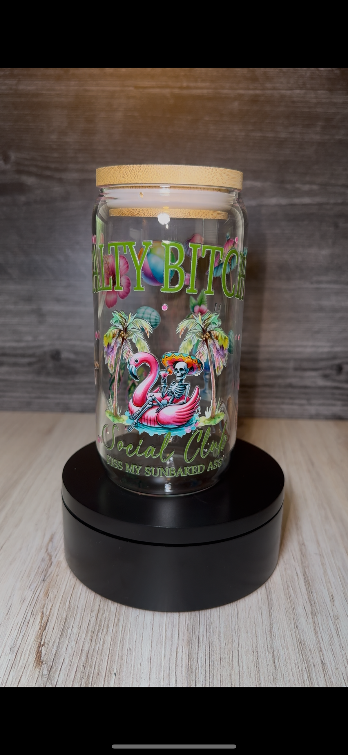 Salty Bitch Social Club 16oz Glass Tumbler – Funny Tropical Skeleton Cup