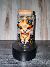 Load image into Gallery viewer, Cute Highland Cow Tumbler | Cozy Farmhouse Glass Cup | Western Cow Lover Gift | Boho Aesthetic Coffee Cup | 16oz Glass Can