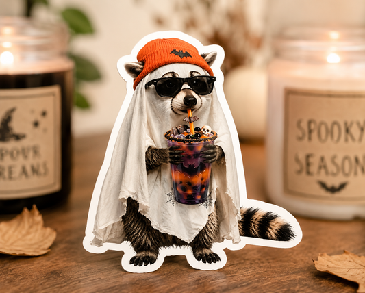 Spooky Sips Raccoon | Halloween Vinyl Sticker 👻🦝