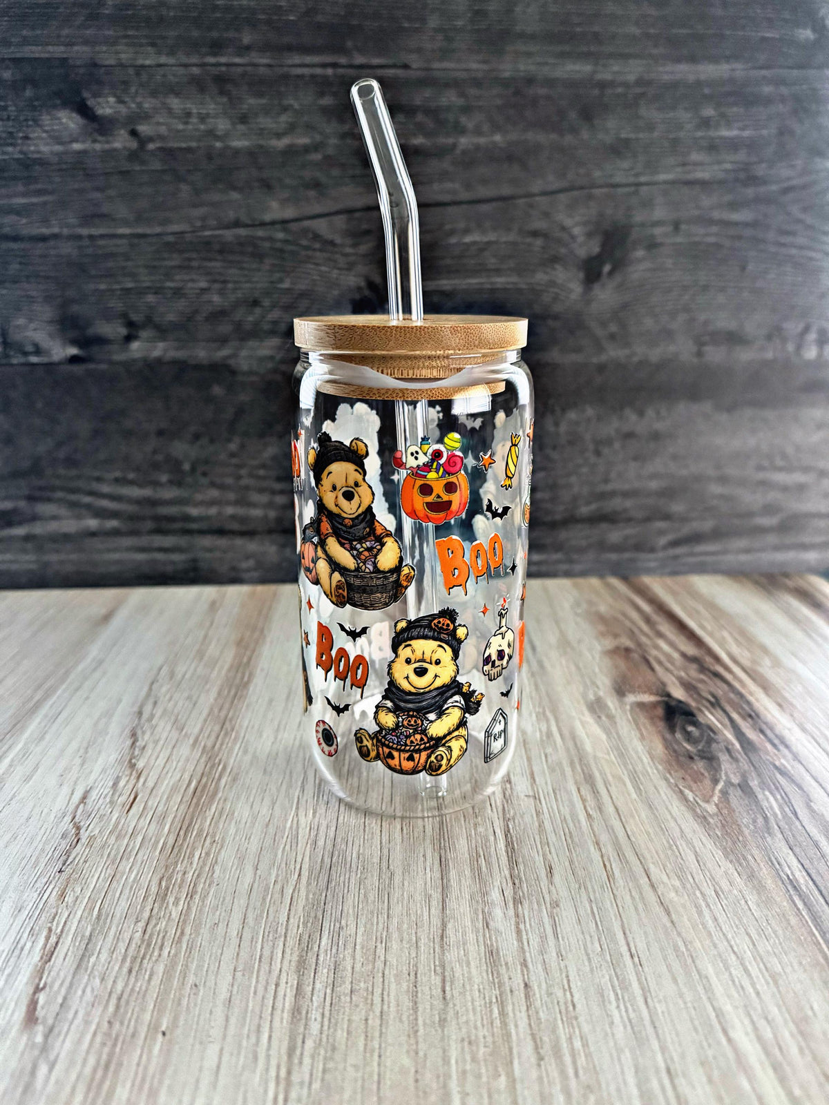 Winnie the Pooh Halloween Tumbler – 16 oz Glass Cup with Bamboo Lid & Straw | Spooky Season Disney Drinkware | Cute Fall Coffee Cup