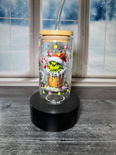 Load image into Gallery viewer, Holiday Character Glass Tumbler – 16 oz Christmas Cup with Bamboo Lid | Grinch, Stitch, Cheshire Cat , Winnie the Pooh | Festive Drink
