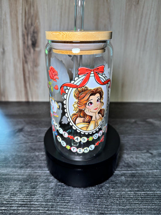 Enchanted Rose 16 oz Glass Tumbler | Fairy Tale Inspired Cup | Book Lover Gift | Cottagecore Iced Coffee Glass | Princess inspired tumbler