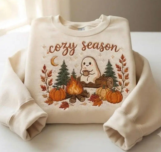 Cozy Season Embroidered T-Shirt & Sweatshirt | Fall Ghost Campfire