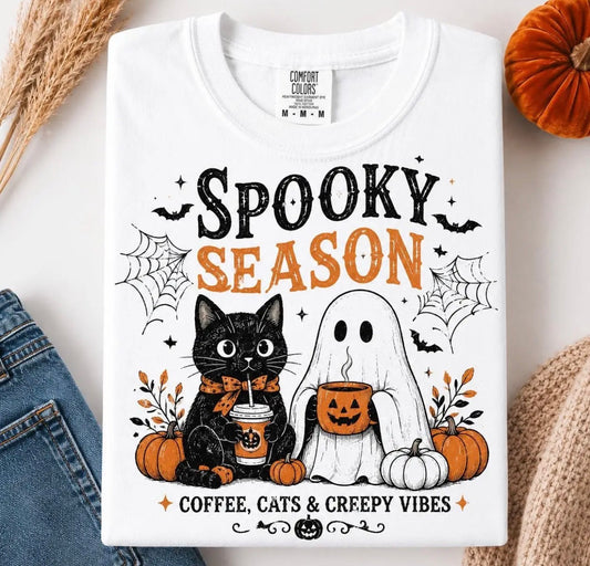 Spooky Season Coffee Cats T-Shirt or Sweatshirt | Black Cat Ghost Halloween Shirt | Cute Spooky Graphic Tee | Fall Halloween Sweatshirt