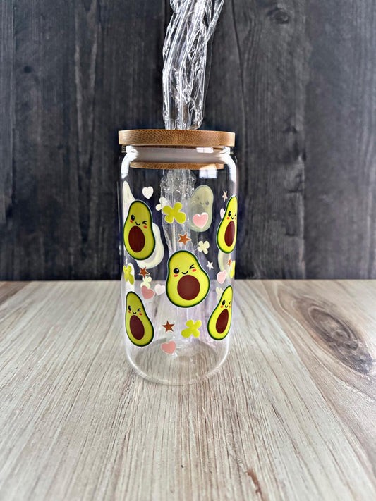 Cute Avocado Glass Tumbler | Aesthetic Iced Coffee Cup | Kawaii Fruit Drinkware | Reusable Bamboo Lid & Straw | Gift for Her