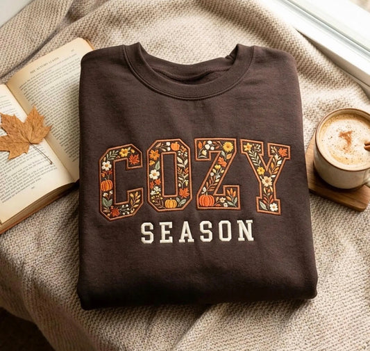Cozy Season Embroidered T-Shirt or Sweatshirt | Floral Fall Pumpkin Design