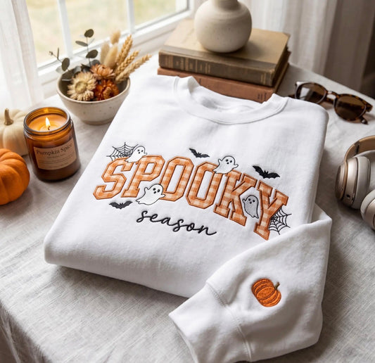 Spooky Season Embroidered T-Shirt Or Sweatshirt | Gingham Ghost Halloween Shirt