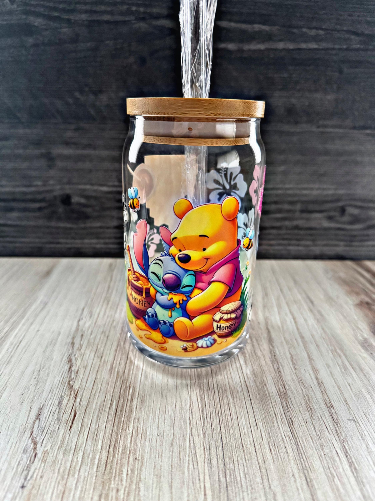 Pooh & Stitch Glass Tumbler | Disney Crossover Cup | Cute Aesthetic Gift