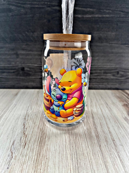 Pooh & Stitch Glass Tumbler | Disney Crossover Cup | Cute Aesthetic Gift