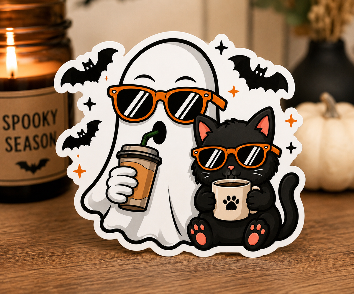 Boo Crew & Brews | Ghost & Black Cat Halloween Sticker 👻☕🐈‍⬛