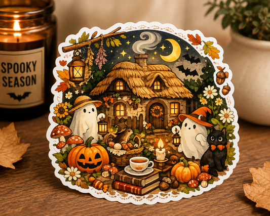 Haunted Harvest Cottage | Cozy Fall Ghost Sticker