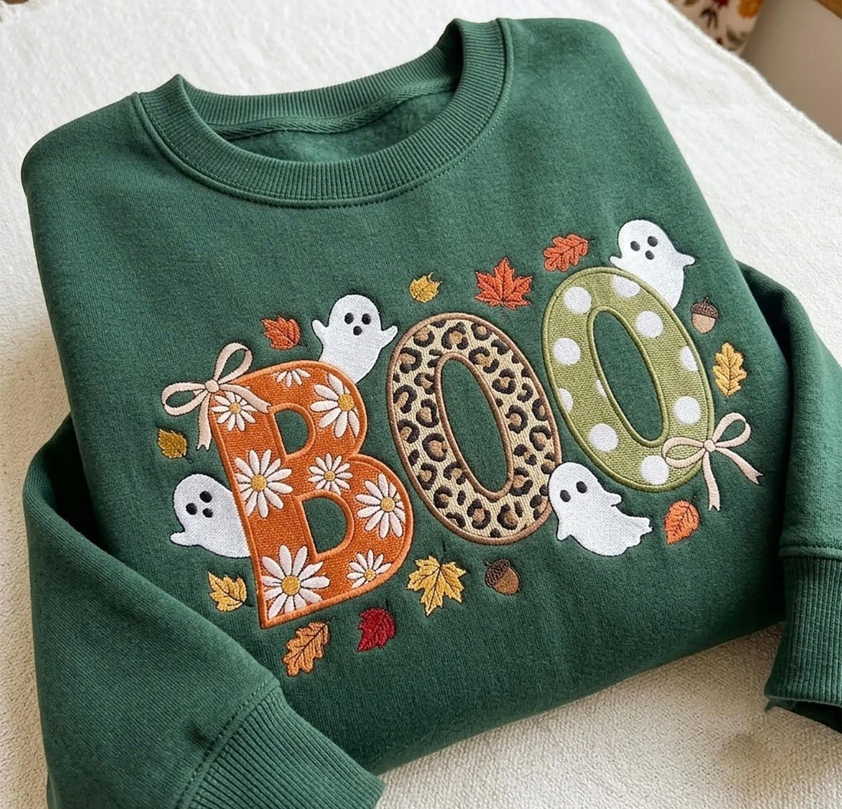 BOO Embroidered T-Shirt or Sweatshirt | Cute Ghost Fall Halloween Shirt