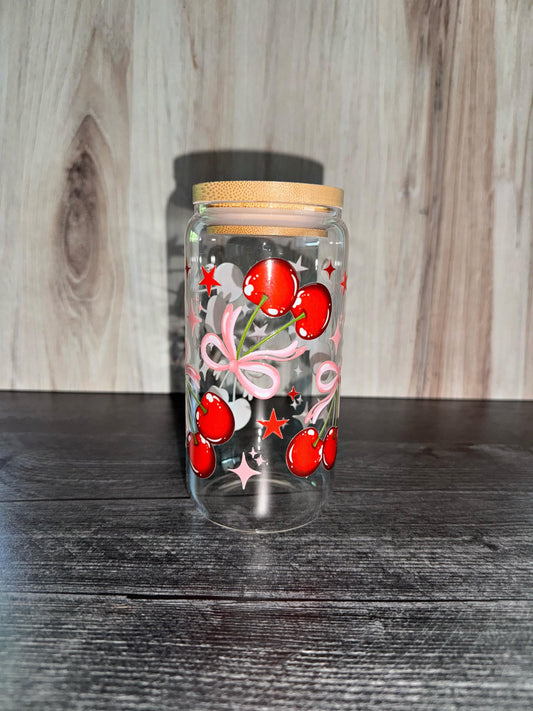 Cherry Glass Can Tumbler | Coquette Aesthetic Coffee Cup | Cute Retro Cherry Cup | Summer Drinkware | 16oz Glass Tumbler with Straw