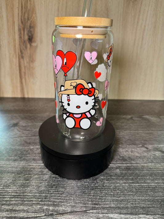 Hello Kitty & Bad Bunny Inspired Glass Can Cup | 16oz Kawaii Tumbler with Bamboo Lid & Glass Straw | Cute Gift for Her