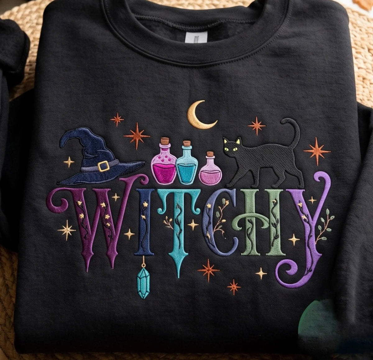 Witchy Embroidered T-Shirt Or Sweatshirt | Black Cat + Potion Design