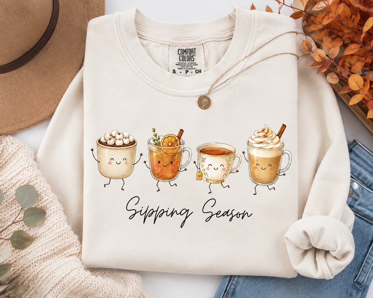 Sipping Season Fall T-Shirt or Sweatshirt | Cozy Autumn Drinks Graphic Tee | Coffee Lover Fall Shirt | Pumpkin Spice Sweatshirt
