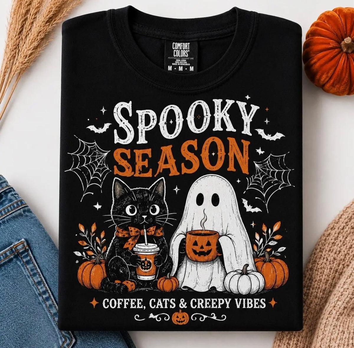 Spooky Season Coffee Cats T-Shirt or Sweatshirt | Black Cat Ghost Halloween Shirt | Cute Spooky Graphic Tee | Fall Halloween Sweatshirt