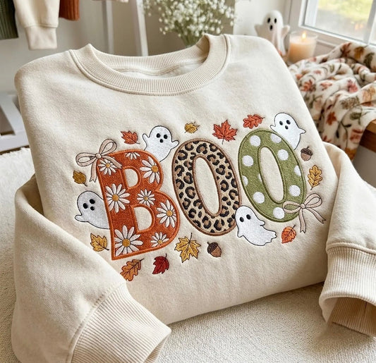 BOO Embroidered T-Shirt or Sweatshirt | Cute Ghost Fall Halloween Shirt