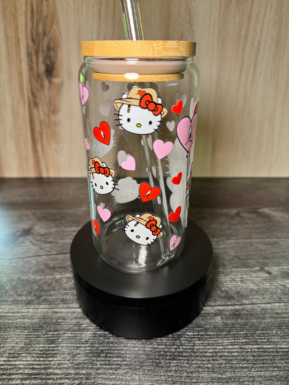 Hello Kitty & Bad Bunny Inspired Glass Can Cup | 16oz Kawaii Tumbler with Bamboo Lid & Glass Straw | Cute Gift for Her