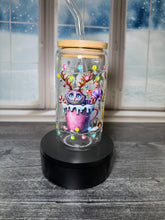 Load image into Gallery viewer, Holiday Character Glass Tumbler – 16 oz Christmas Cup with Bamboo Lid | Grinch, Stitch, Cheshire Cat , Winnie the Pooh | Festive Drink
