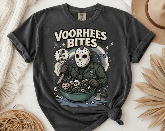 Voorhees Bites Halloween T-Shirt or Sweatshirt | Retro Horror Cereal Graphic Tee | Spooky Season Shirt | Vintage Halloween Apparel