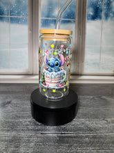 Load image into Gallery viewer, Holiday Character Glass Tumbler – 16 oz Christmas Cup with Bamboo Lid | Grinch, Stitch, Cheshire Cat , Winnie the Pooh | Festive Drink
