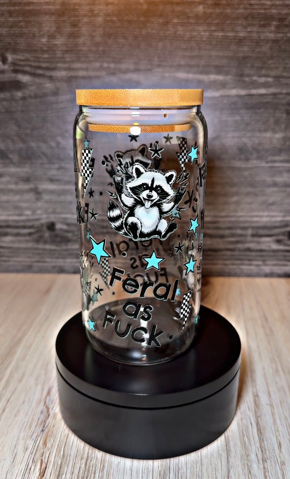Feral as Fuck Raccoon 16oz Glass Tumbler with Bamboo Lid