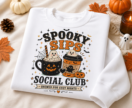 Spooky Sips Social Club T-Shirt or Sweatshirt | Halloween Coffee Ghost Shirt | Cozy Fall Graphic Tee