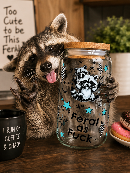 Feral as Fuck Raccoon 16oz Glass Tumbler with Bamboo Lid