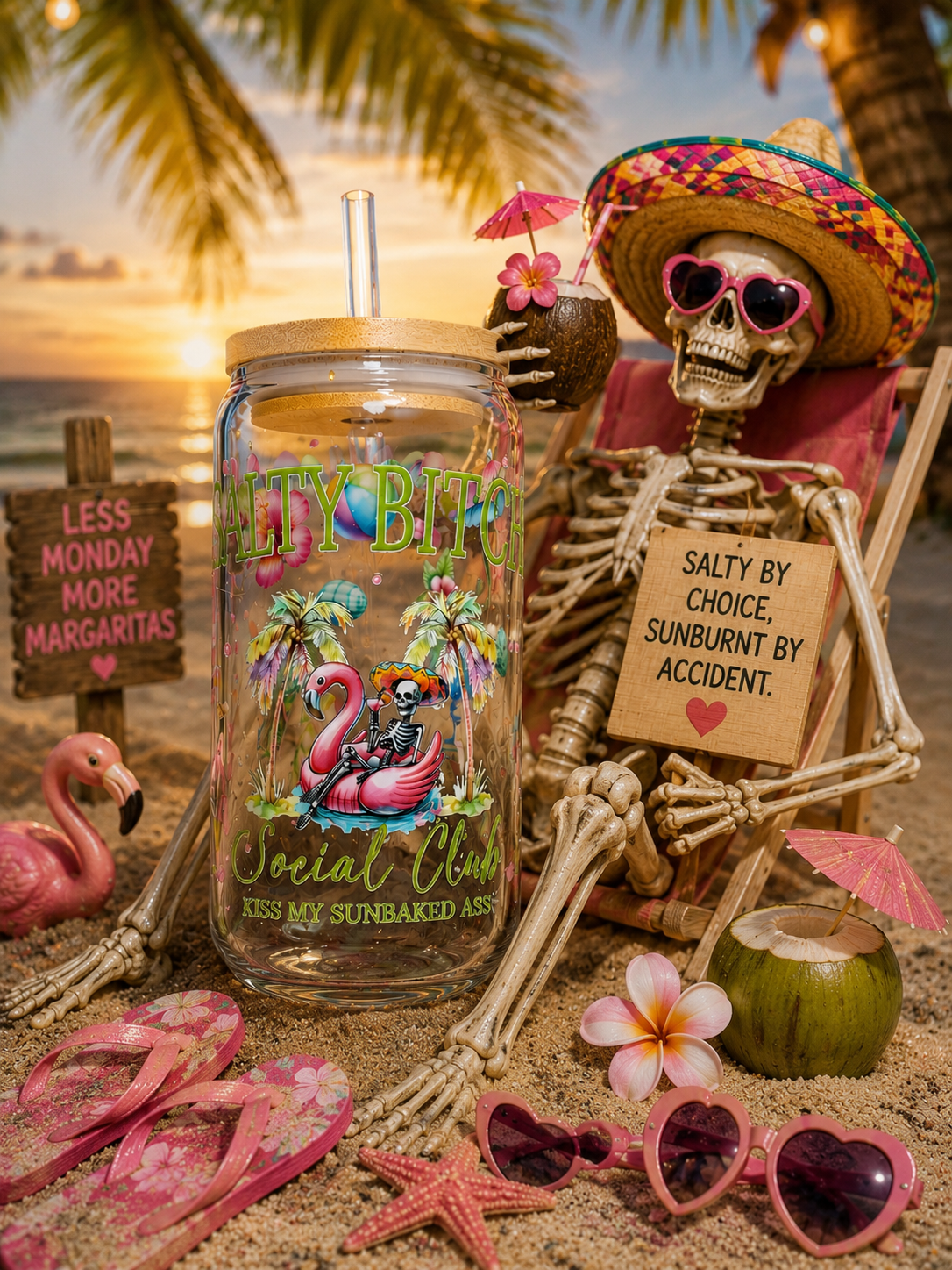 Salty Bitch Social Club 16oz Glass Tumbler – Funny Tropical Skeleton Cup