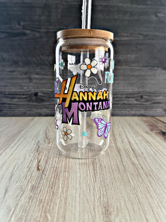 Hannah Montana Glass Tumbler – 16 oz Iced Coffee Cup with Bamboo Lid & Straw | 2000s Disney Nostalgia Drinkware | Retro Gift for Her