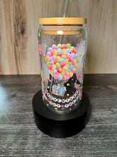 Load image into Gallery viewer, Adventure Awaits 16 oz Glass Tumbler | Balloon House Inspired Cup | Travel Lover Gift | Whimsical Iced Coffee Glass with Bamboo Lid &amp; Straw
